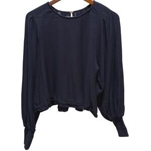 Free People Womens Long Sleeve Top Blouse Balloon‎ Sleeve Navy Blue Large